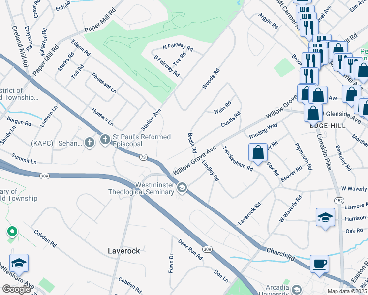 map of restaurants, bars, coffee shops, grocery stores, and more near 702 Custis Road in Glenside
