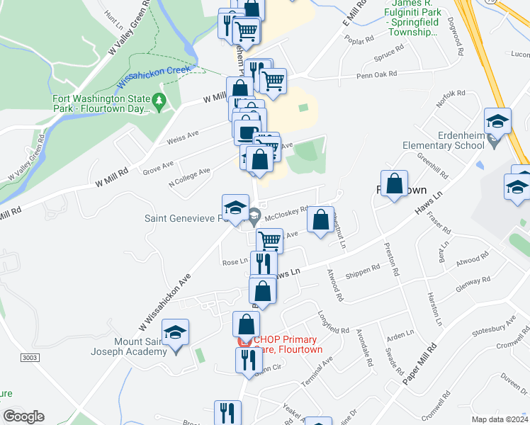 map of restaurants, bars, coffee shops, grocery stores, and more near 5 W Wissahickon Ave in Flourtown