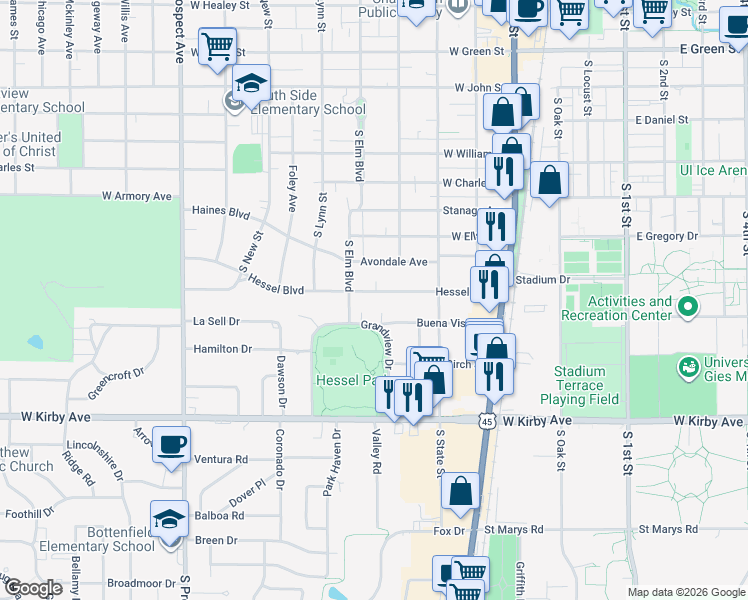 map of restaurants, bars, coffee shops, grocery stores, and more near 412 Hessel Boulevard in Champaign