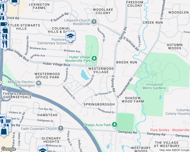 map of restaurants, bars, coffee shops, grocery stores, and more near 361 Macintosh Way in Westerville