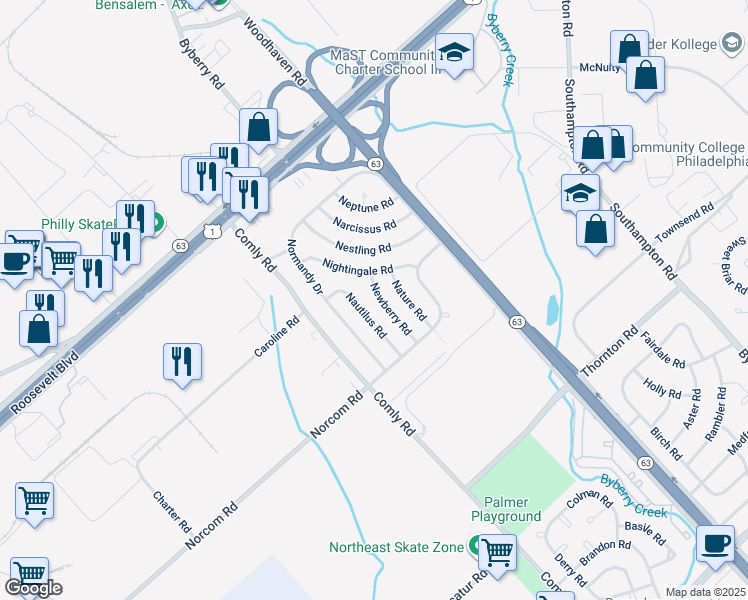 map of restaurants, bars, coffee shops, grocery stores, and more near 2820 Newberry Road in Philadelphia