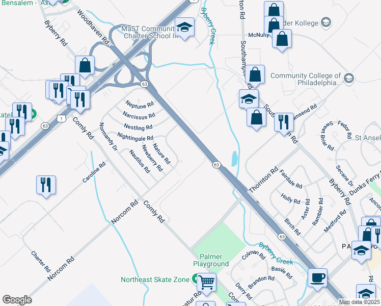 map of restaurants, bars, coffee shops, grocery stores, and more near 2838 Woodhaven Road in Philadelphia