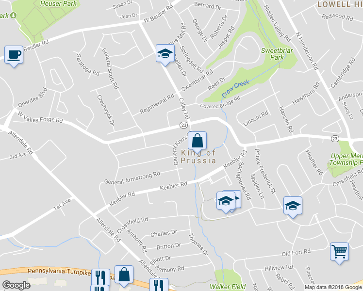 map of restaurants, bars, coffee shops, grocery stores, and more near 556 General Knox Road in King of Prussia