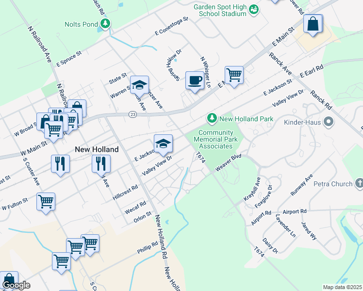map of restaurants, bars, coffee shops, grocery stores, and more near 391 Valley View Drive in New Holland