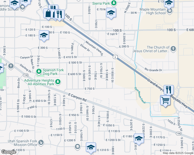 map of restaurants, bars, coffee shops, grocery stores, and more near 641 South 1700 East in Spanish Fork