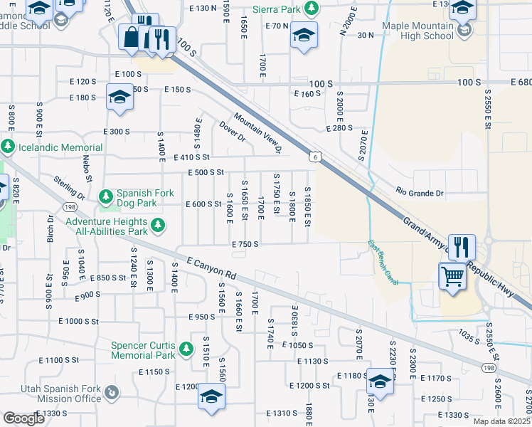 map of restaurants, bars, coffee shops, grocery stores, and more near 641 South 1700 East in Spanish Fork