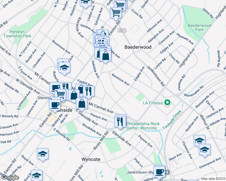 map of restaurants, bars, coffee shops, grocery stores, and more near 2130 Woodlawn Avenue in Glenside