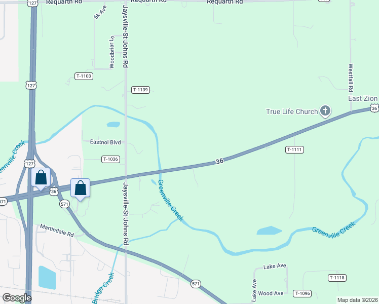 map of restaurants, bars, coffee shops, grocery stores, and more near 5678 U.S. 36 in Greenville