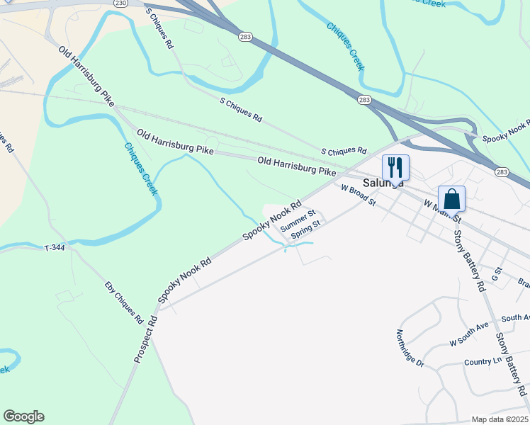 map of restaurants, bars, coffee shops, grocery stores, and more near 2200 Spooky Nook Road in Mount Joy