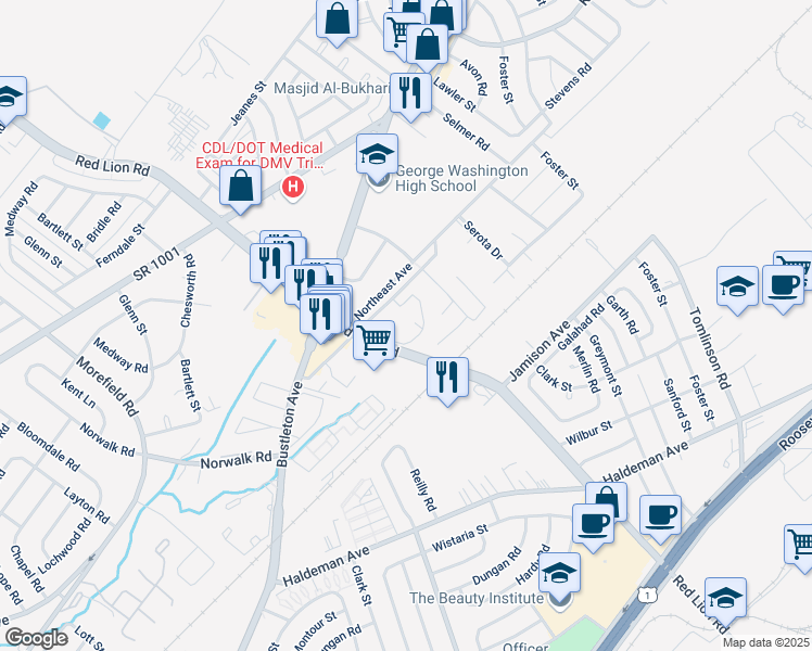 map of restaurants, bars, coffee shops, grocery stores, and more near 10101 Northeast Avenue in Philadelphia