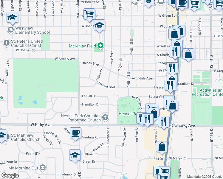 map of restaurants, bars, coffee shops, grocery stores, and more near 607 Hessel Boulevard in Champaign