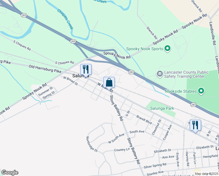 map of restaurants, bars, coffee shops, grocery stores, and more near 127 Main Street in Salunga-Landisville