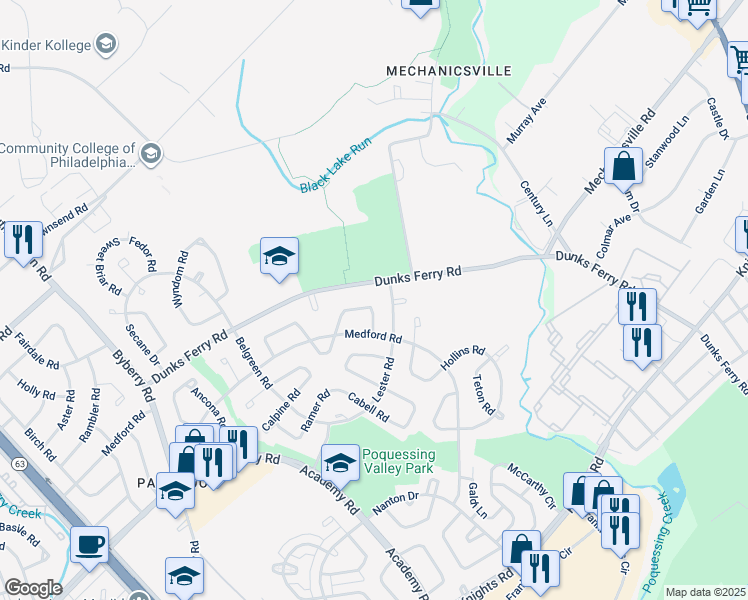map of restaurants, bars, coffee shops, grocery stores, and more near 12736 Minden Road in Philadelphia