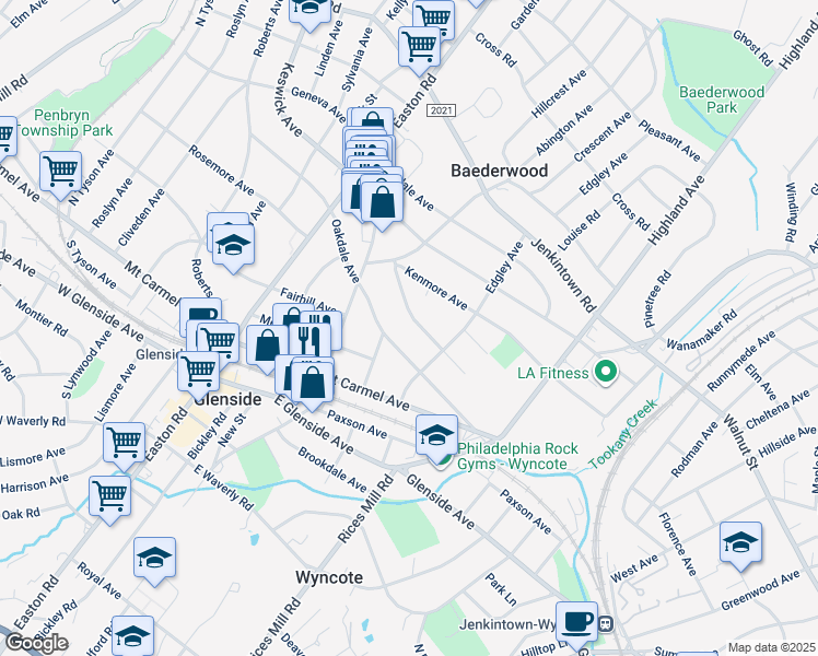 map of restaurants, bars, coffee shops, grocery stores, and more near 2130 Woodlawn Avenue in Glenside