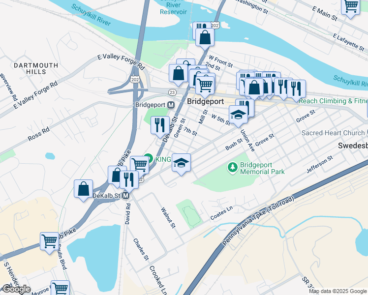 map of restaurants, bars, coffee shops, grocery stores, and more near 108 8th Street in Bridgeport