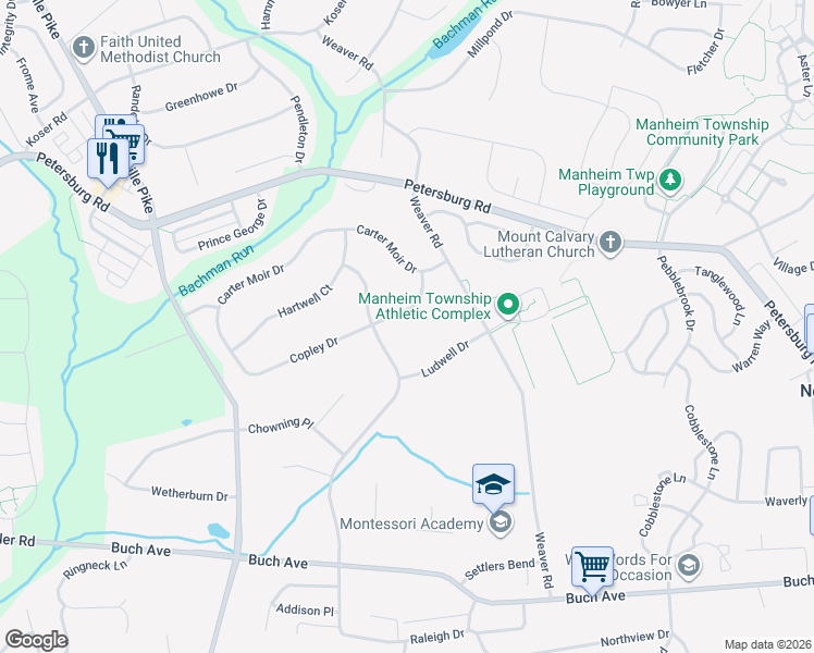 map of restaurants, bars, coffee shops, grocery stores, and more near 316 Copley Drive in Lancaster