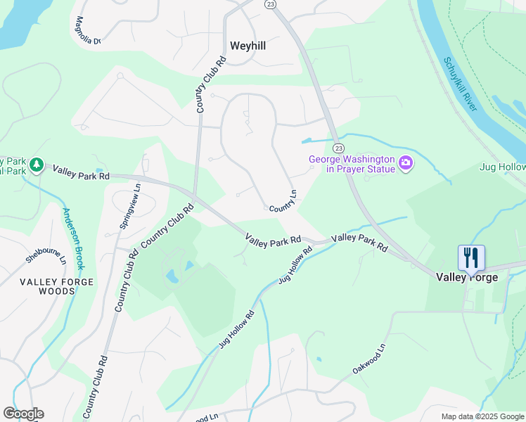 map of restaurants, bars, coffee shops, grocery stores, and more near 215 Country Lane in Phoenixville