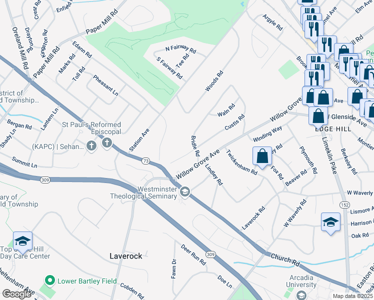 map of restaurants, bars, coffee shops, grocery stores, and more near 702 Custis Road in Glenside