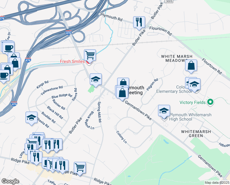 map of restaurants, bars, coffee shops, grocery stores, and more near 25 East Germantown Pike in Plymouth Meeting