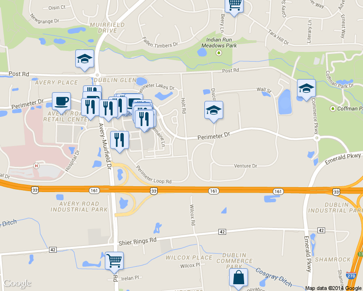 map of restaurants, bars, coffee shops, grocery stores, and more near 6033 Perimeter Dr in Dublin