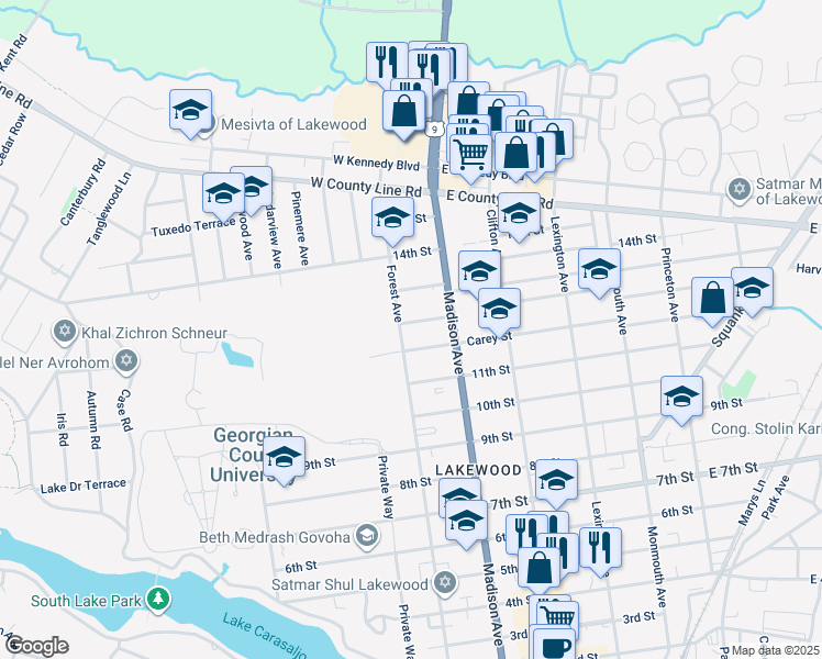 map of restaurants, bars, coffee shops, grocery stores, and more near 418 12th Street in Lakewood