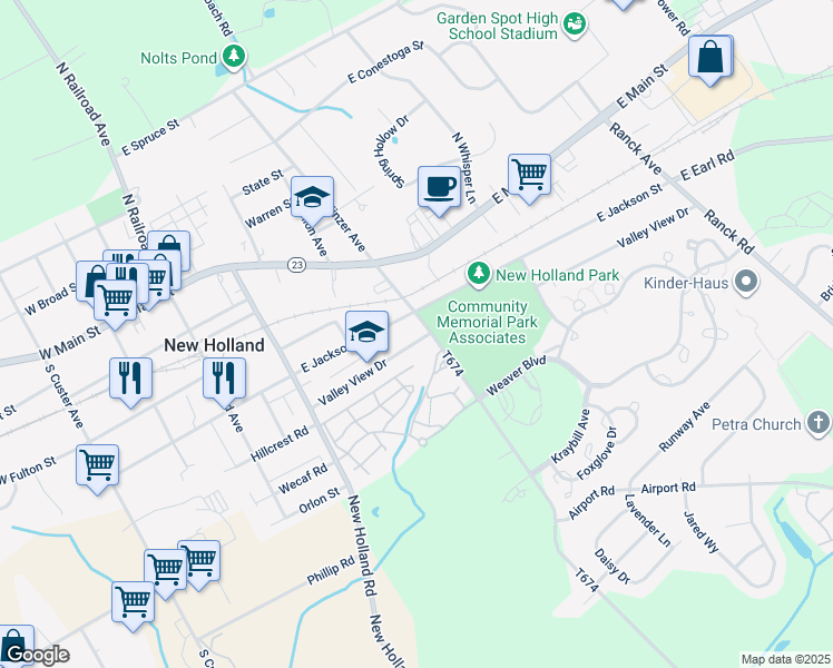 map of restaurants, bars, coffee shops, grocery stores, and more near 395 Valley View Drive in New Holland