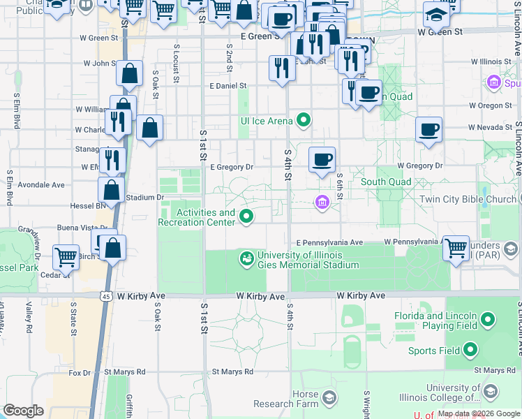 map of restaurants, bars, coffee shops, grocery stores, and more near 206 East Peabody Drive in Champaign