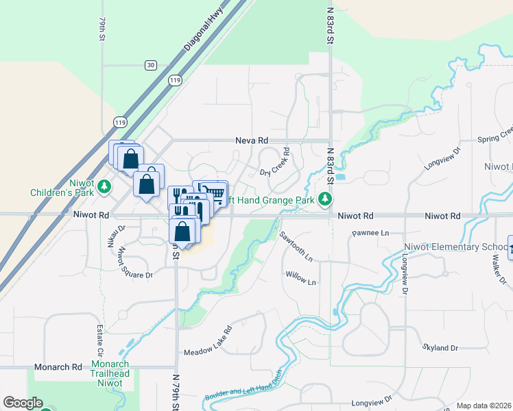 map of restaurants, bars, coffee shops, grocery stores, and more near 7024 Johnson Circle in Longmont