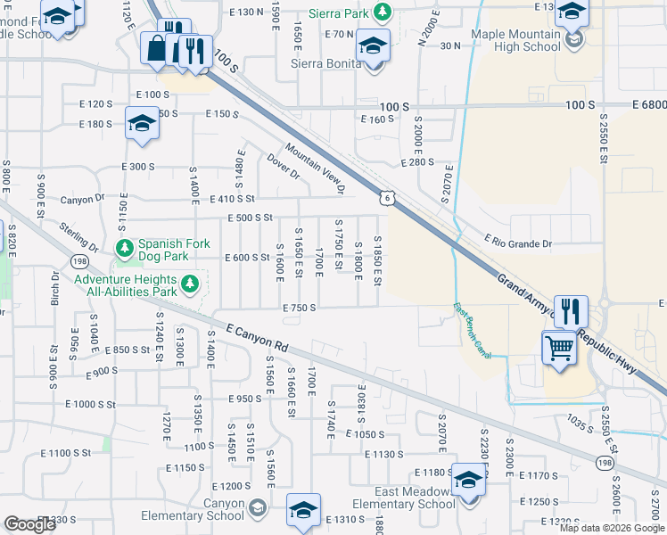 map of restaurants, bars, coffee shops, grocery stores, and more near 585 South 1700 East in Spanish Fork