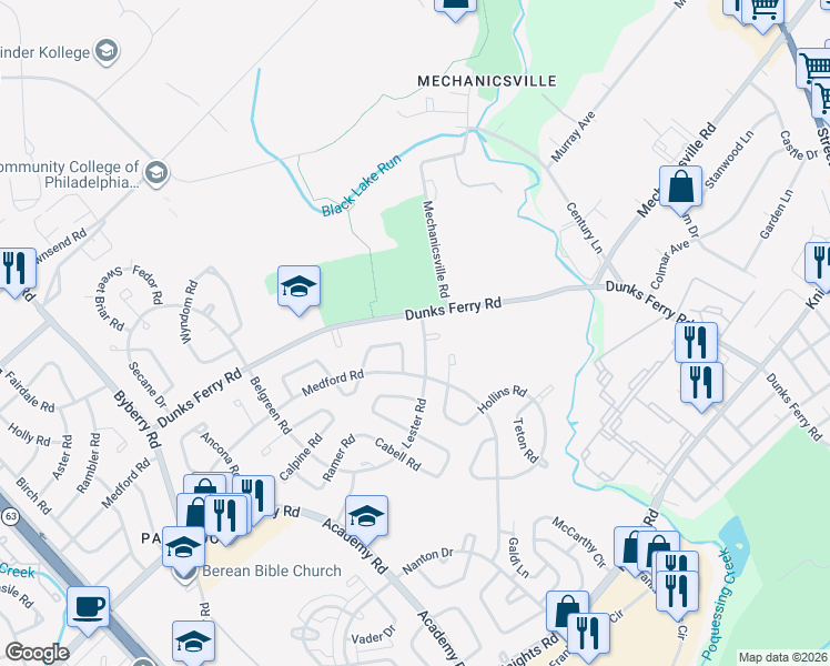 map of restaurants, bars, coffee shops, grocery stores, and more near 12797 Dunks Ferry Road in Philadelphia