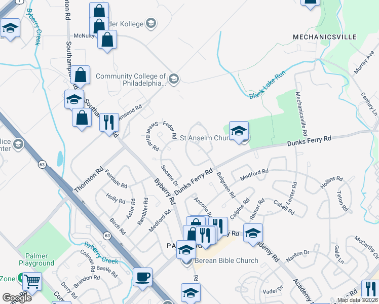 map of restaurants, bars, coffee shops, grocery stores, and more near 3110 Belgreen Road in Philadelphia