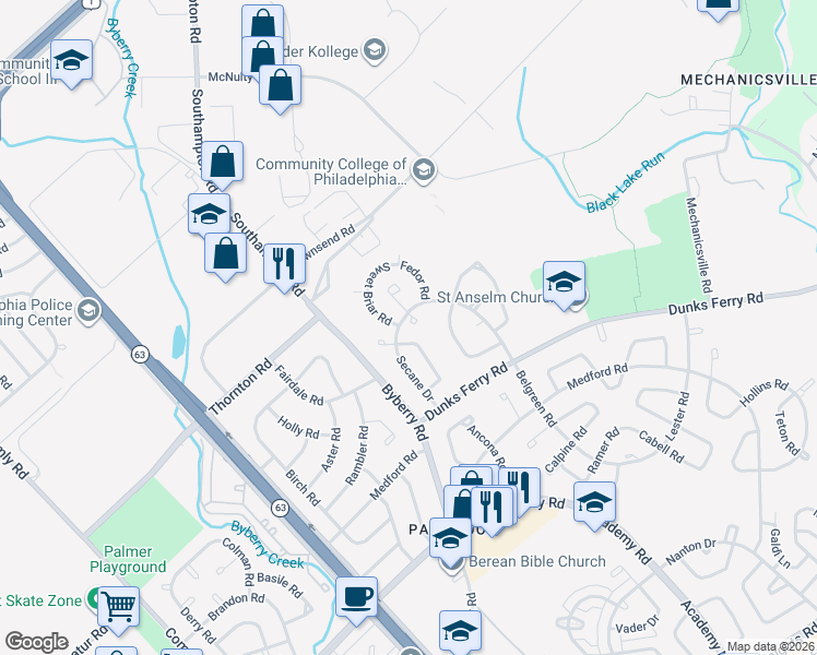 map of restaurants, bars, coffee shops, grocery stores, and more near 3016 Secane Place in Philadelphia