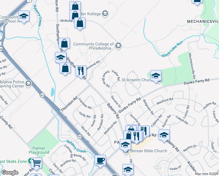 map of restaurants, bars, coffee shops, grocery stores, and more near 3016 Secane Place in Philadelphia
