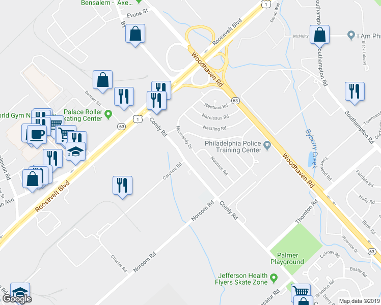 map of restaurants, bars, coffee shops, grocery stores, and more near 2839 Nautilus Road in Philadelphia