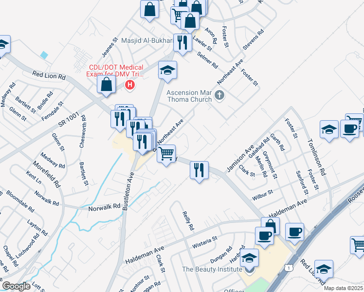 map of restaurants, bars, coffee shops, grocery stores, and more near 10101 Northeast Avenue in Philadelphia
