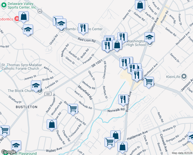 map of restaurants, bars, coffee shops, grocery stores, and more near 9967 Woodfern Road in Philadelphia