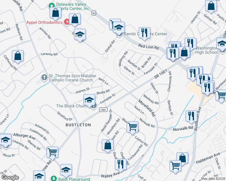 map of restaurants, bars, coffee shops, grocery stores, and more near 9878 Bridle Road in Philadelphia