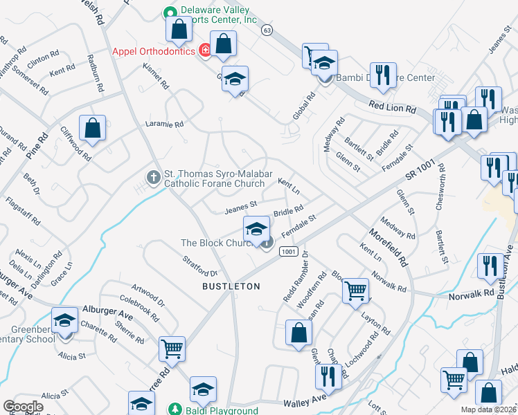 map of restaurants, bars, coffee shops, grocery stores, and more near 9856 Jeanes Street in Philadelphia
