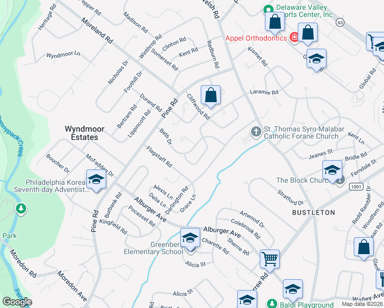 map of restaurants, bars, coffee shops, grocery stores, and more near 134 Beth Drive in Philadelphia