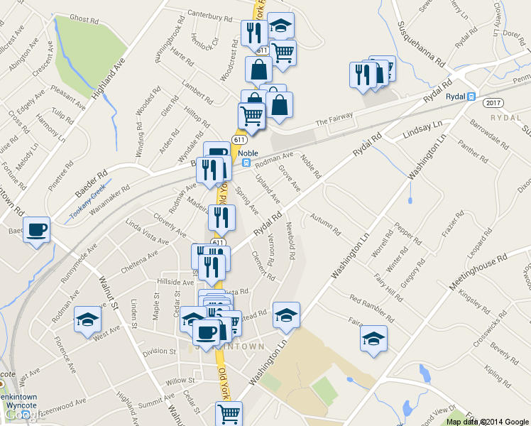 map of restaurants, bars, coffee shops, grocery stores, and more near 1518 Upland Avenue in Jenkintown