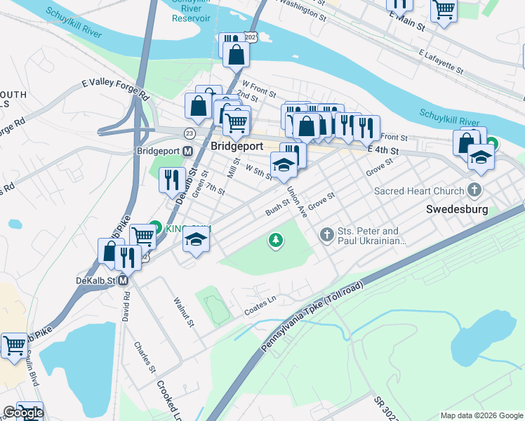 map of restaurants, bars, coffee shops, grocery stores, and more near 602 Ford Street in Bridgeport