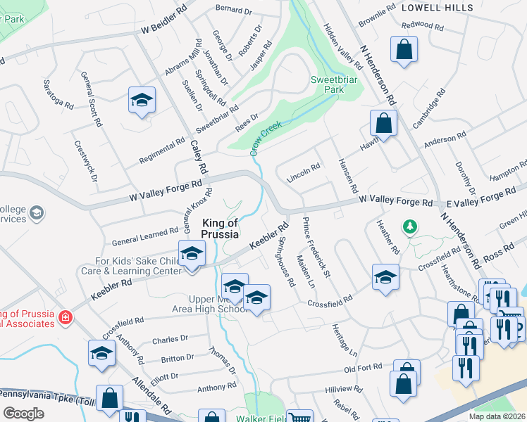 map of restaurants, bars, coffee shops, grocery stores, and more near 519 Tulip Lane in King of Prussia