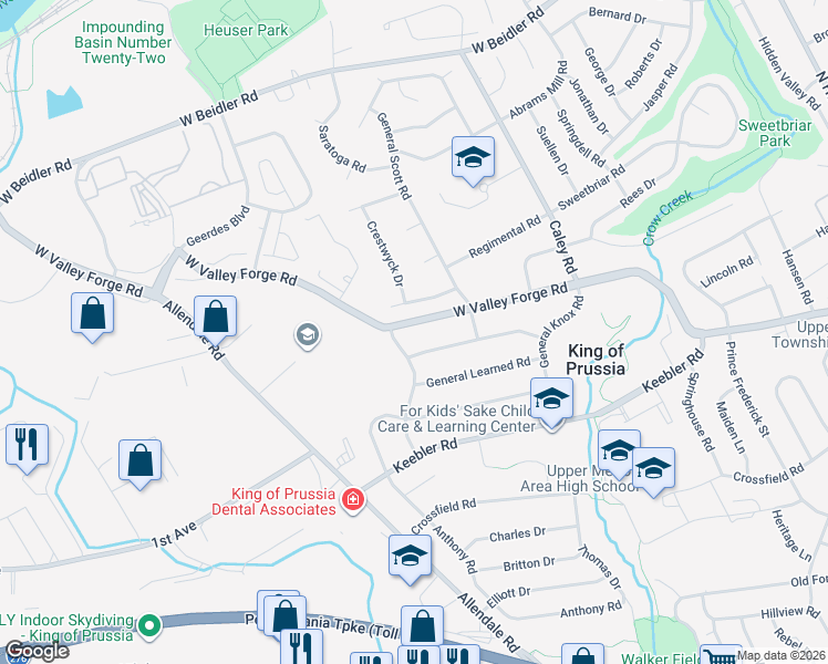 map of restaurants, bars, coffee shops, grocery stores, and more near 555 West Valley Forge Road in King of Prussia