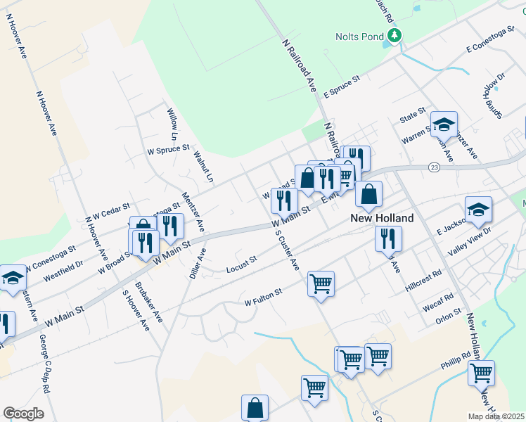 map of restaurants, bars, coffee shops, grocery stores, and more near 27 North Custer Avenue in New Holland