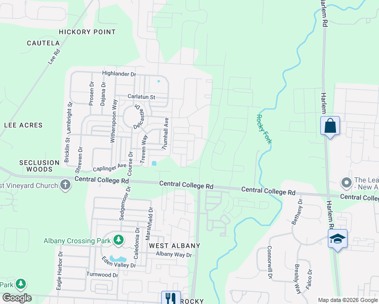 map of restaurants, bars, coffee shops, grocery stores, and more near Mayhew Lane in Westerville