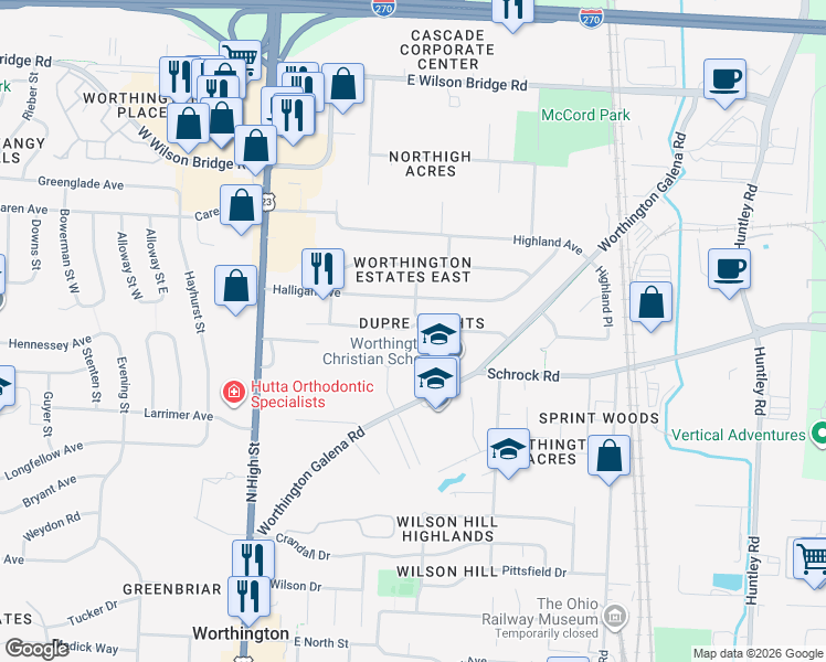 map of restaurants, bars, coffee shops, grocery stores, and more near 6783 Joslyn Place in Worthington