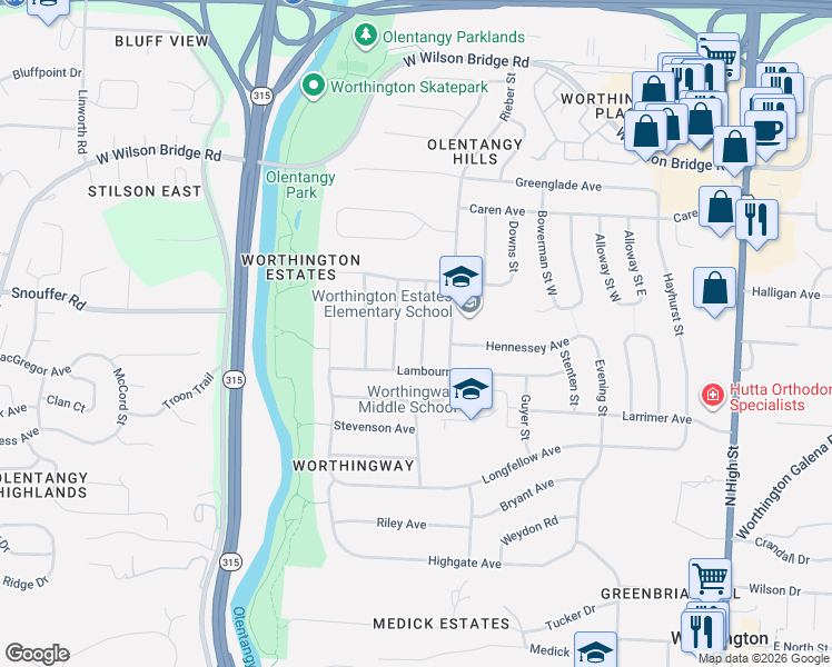 map of restaurants, bars, coffee shops, grocery stores, and more near 6745 Thorne Street in Worthington