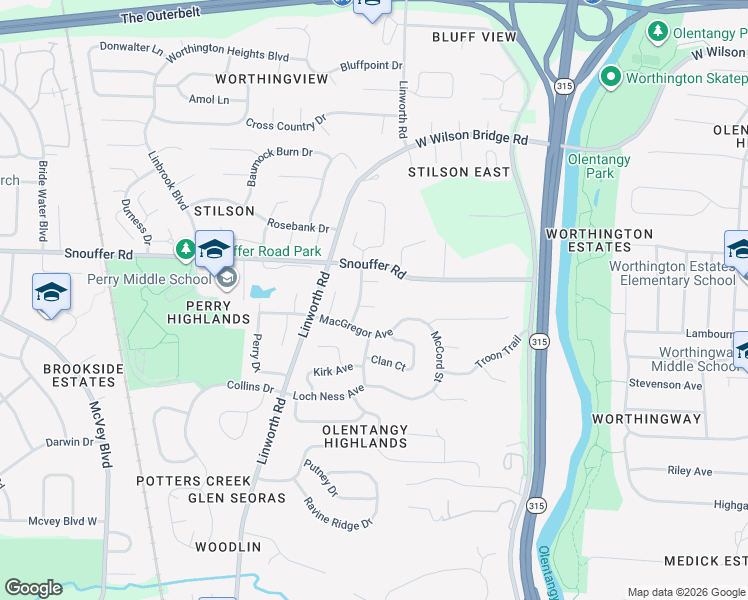 map of restaurants, bars, coffee shops, grocery stores, and more near 6979 Shetland Street in Worthington