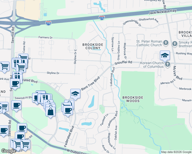 map of restaurants, bars, coffee shops, grocery stores, and more near 181 Chadwood Lane in Columbus