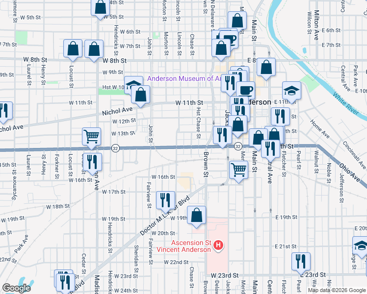 map of restaurants, bars, coffee shops, grocery stores, and more near 320 West 14th Street in Anderson
